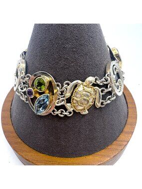 VTG Sterling Silver Gold Sea Life Sea Turtle Multi-Gemstone Link Bracelet 7.5"